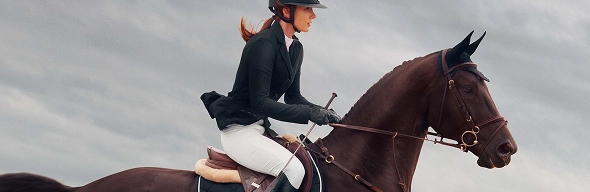 Cavalo a galope com a sua cavaleira num terreno de treino