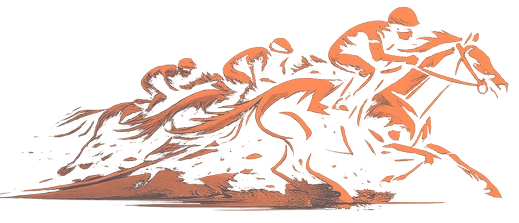 Ilustração laranja representando vários cavalos e jóqueis em corrida